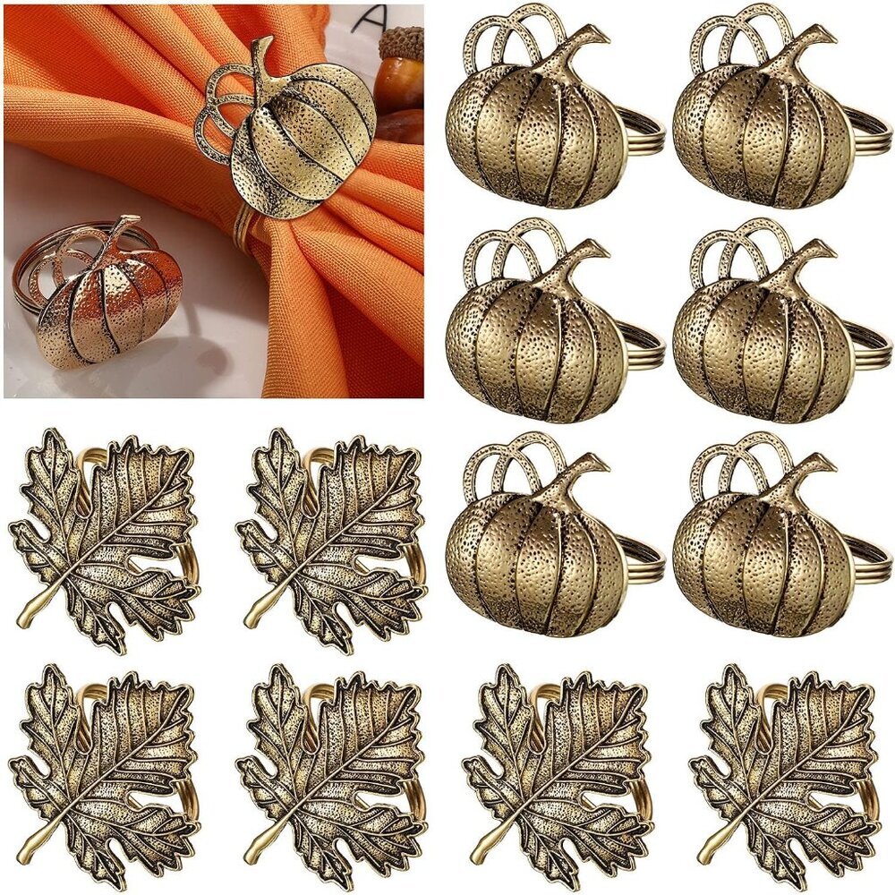 12 Pcs Bronze Fall Thanksgiving Napkin Ring Set Including Maple Leaf and Pumpkin